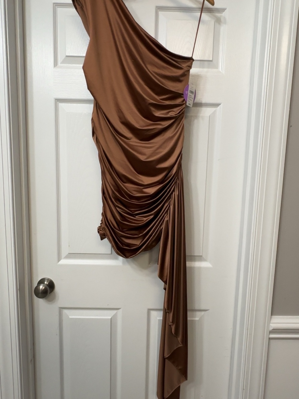Windsor One-Shoulder Draped Satin Dress in Brown